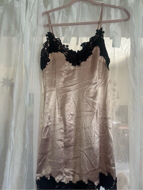 Satin Champagne Chemise with Black Lace Trim